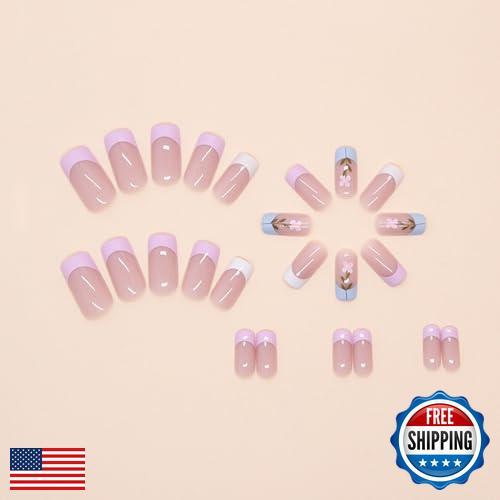 24 Stück Flower Press on Nails Short Square French Tip Nails Press ons Short Fak - Bild 3 von 5
