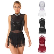 Women Sequins Tassel Latin Dance Dress Sleeveless Skirted Leotard Salsa Tango