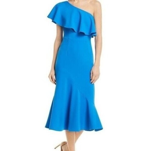 Aqua Womens Size 0 One Shoulder Ruffle Fit and Flare Midi Dress in Blue $258