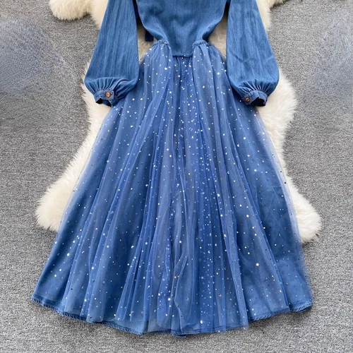 Damen Denim Rüschen Hemden Kleid Midi Langarm Netz Knopf Pailletten Klassisch - Bild 12 von 13