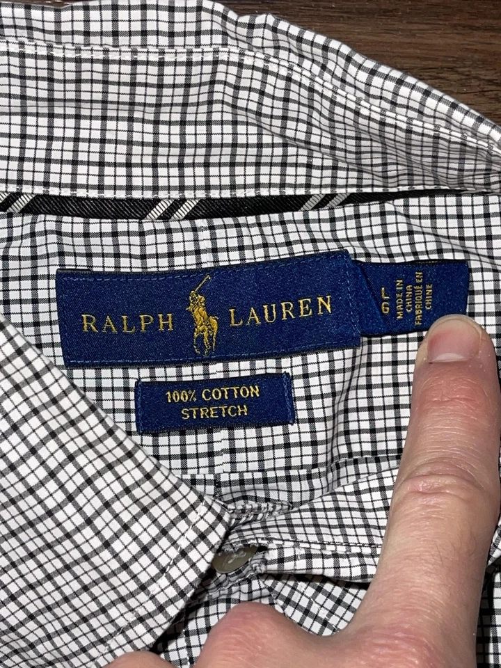 Camisa de vestir Ralph Lauren para hombre grande negra blanca a cuadros con botones algodón elástico Foto 2 de 4