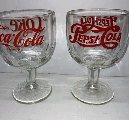 Vintage pressed glass Pepsi & Coke Thumbprint Schooner Pedestal Goblets PAIR