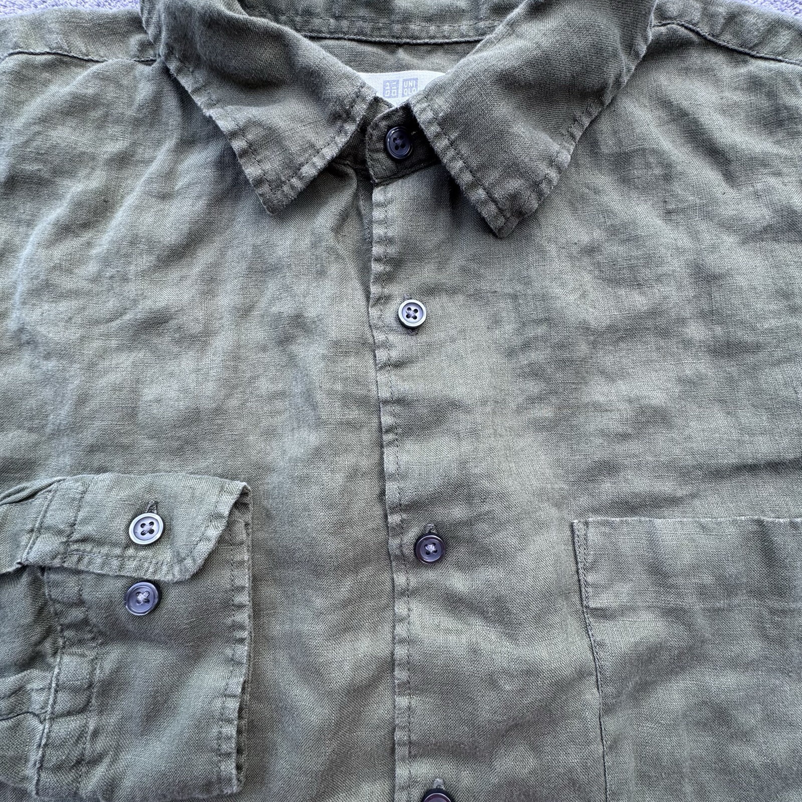 Uniqlo Shirt Mens Extra Large Green Linen Long Sleeve Button Up Casual