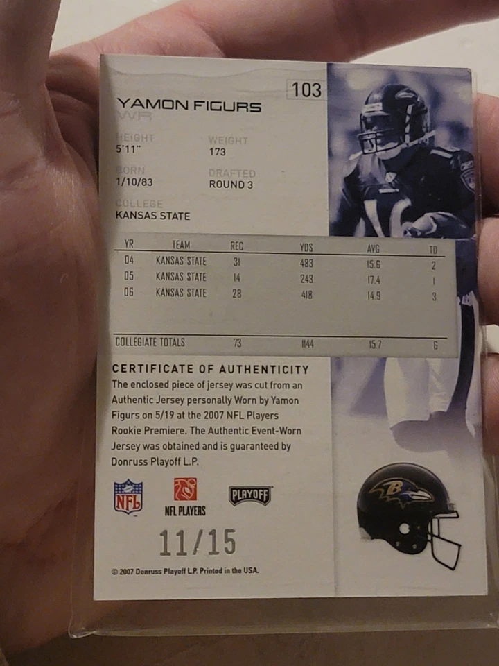 Donruss Playoffs Tri Color Rookie Patch Jersey Card Yamon Figures #/15 Ravens - Image 2 of 2