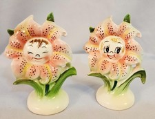 Vintage Ceramic Flower Face Salt and Pepper Shaker Set Japan Anthropomorphic