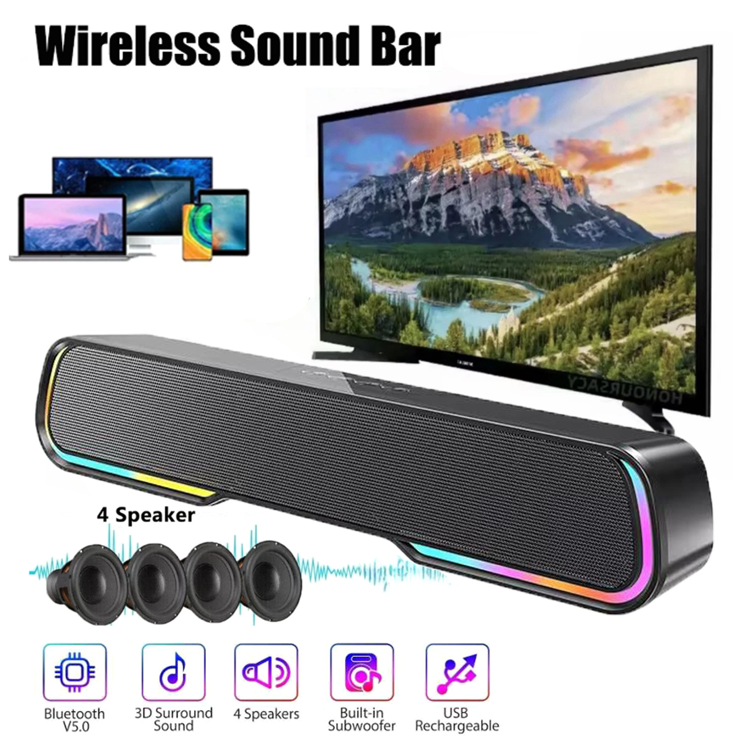 Bar 4 Speaker System Wireless Bluetooth Subwoofer Home Theat