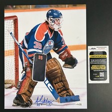 ANDY MOOG Defends NET SIGNED 11x14 Photo EDMONTON OILERS GOALIE GREAT **JSA**
