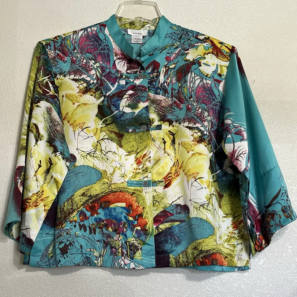 Conjunto de pijama de salón Natori satinado mandarín azul floral abstracto para mujer talla pequeña” Foto 2 de 4