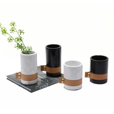 Marmorvase - rund mit Lederakzent - Kleine Tischvase Deko-Vase Stifthalter Marbl