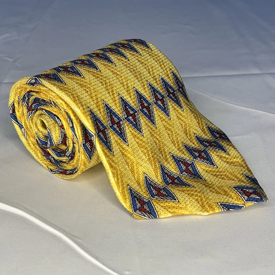VTG Parisian Signature Men Tie Silk Made USA Yellow Blue Red Geometric  - Image 2 of 4