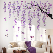 Large Cherry Blossom Tree Wall Stickers,4 Sheets Spring Purple Flower Bird Wa...