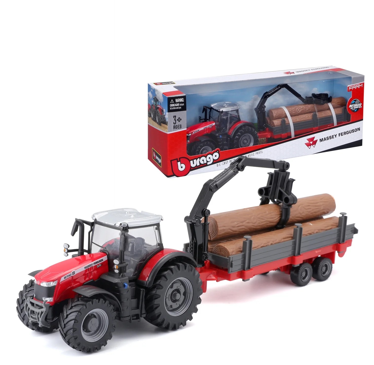 BURAGO 10CM MASSEY FERGUSSON 8740S TRACTOR + LOG LOADER AND TRAILER B18-31659