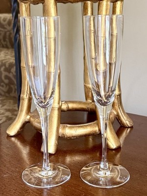 Tiffany Co Set Of 2 Pair Crystal Clear Glass Champagne Flutes Glasses 9 1/4 