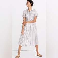 Madewell Striped Cotton Textured Clipdot Midi Shirtdress White XS Spring Casual