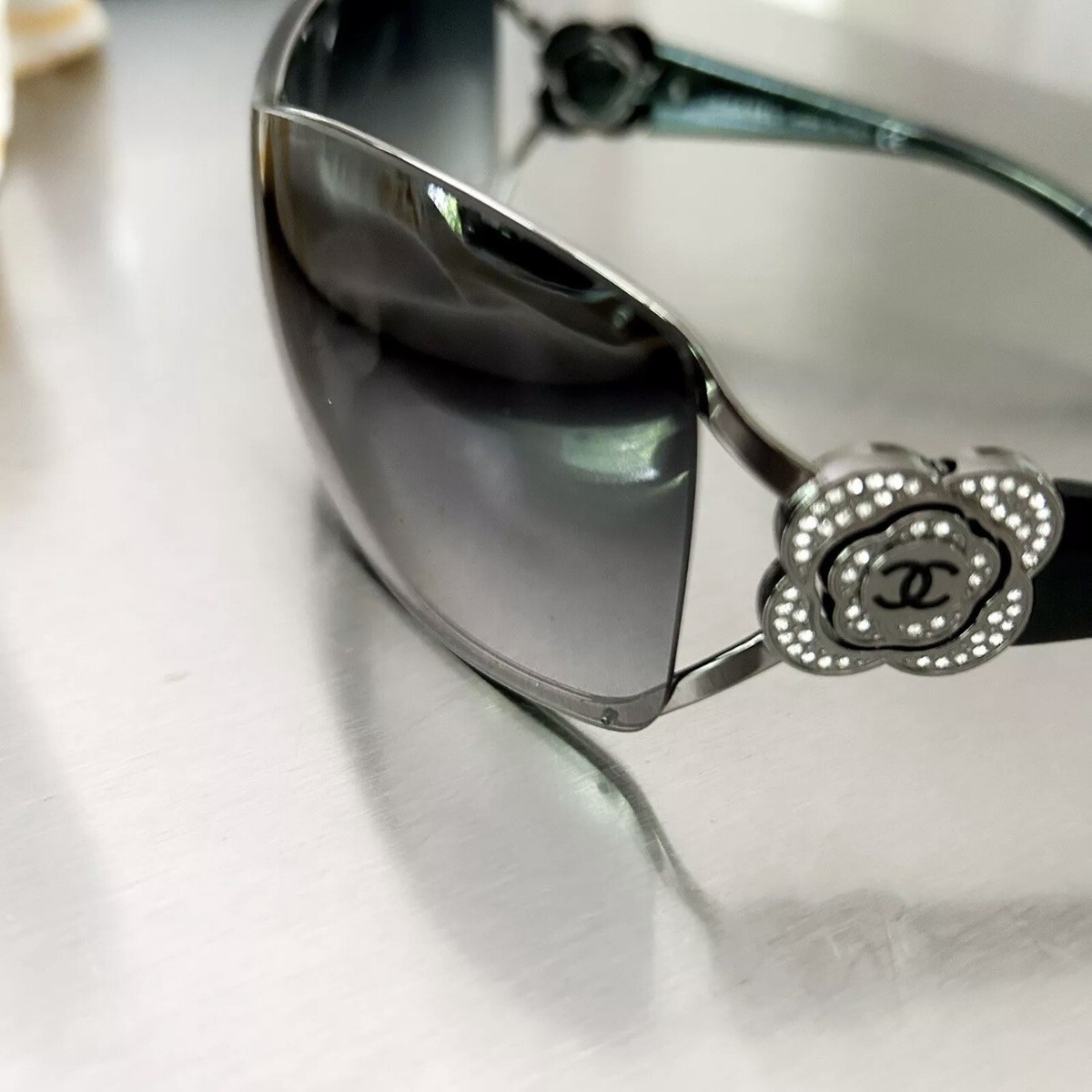 CHANEL Camellia Crystal Logo Black Shield Sunglasses Made in