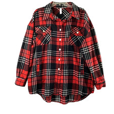 Zenana Flannel Shacket Womens Xl Red Black Plaid Button Down Shirt Pockets Cozy