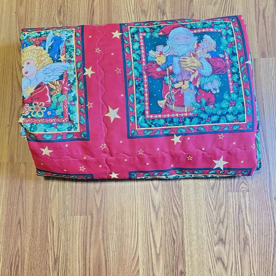 Colcha reversible vintage de Navidad de Papá Noel con bordes de acebo 96x88 Foto 2 de 4