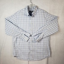 Kenneth Cole Dress Shirt Mens L Large 16.5 Blue White Plaid Casual Long Sleeve