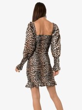 GANNI Shirred Leopard Mini Dress Smocked Cotton Silk Mini Sexy Size FR38 AU10