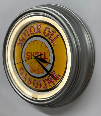 Shell Motor Oil weiße LED ''Neon Effekt'' Wanduhr Garage Höhle Werbung
