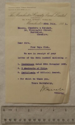 1931 Brief The Manchester & County Bank re Four Ways Club