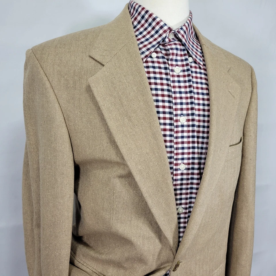 Land's End 男式运动外套西装外套双纽扣米色人字形 100% 真丝 40R 码 — 第 4/4 张图片