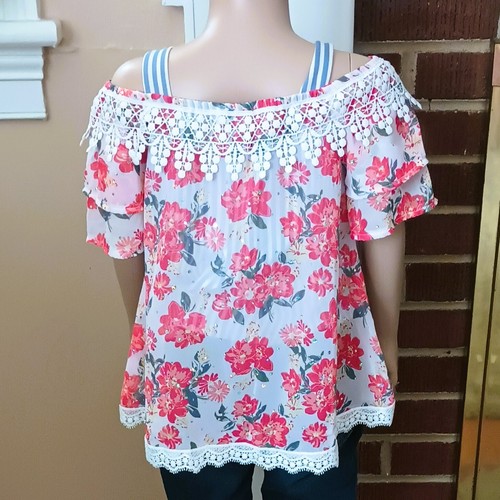 Girl Sheer Floral Overlay Top 4T Blue Stripe Lining Off the Shoulder Lace Collar - Picture 4 of 8