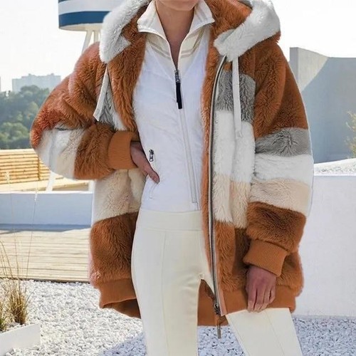 Abrigo acolchado informal cálido con capucha y cremallera de lana de cordero en contraste de invierno para mujer - Imagen 13 de 24