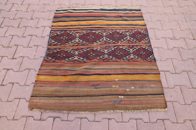 Antique Handmade Rug 3x4 Turkish Tribal Kelim Oushak Brown Rug Kitchen Carpet