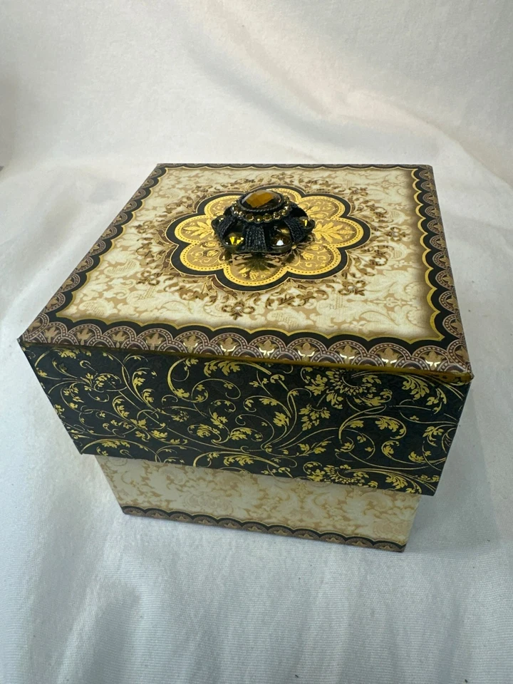 Punch Studio Elegant Square Decorative Box Floral Gold & Black Ornamental Lid - Image 2 of 4