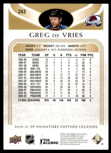 2020-21 SP Signature Edition Legends Gold Foil #243 Greg de Vries Colorado - Picture 2 of 2