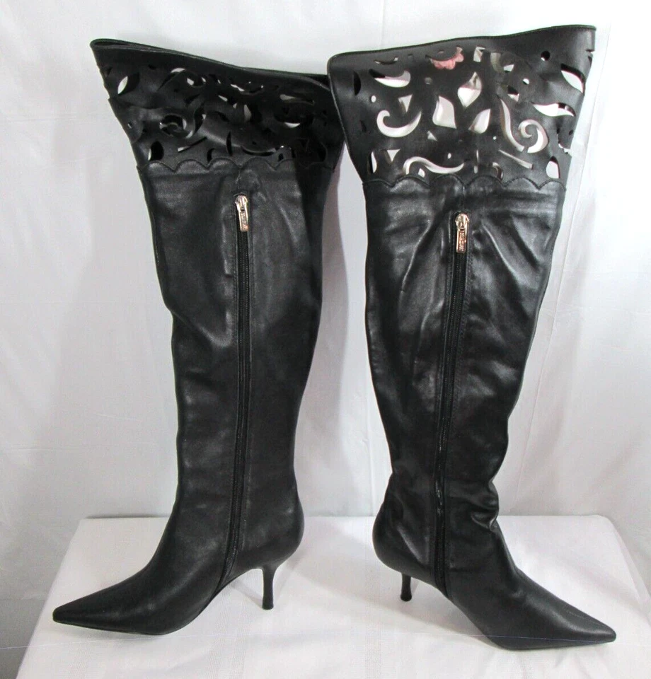 Colin Stuart Black Leather Boots 7 B Over The Knee Thigh Stiletto Heel Cutouts - Image 3 of 4