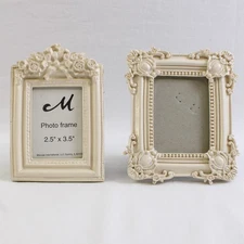 Lot of 2 Vintage-Style Resin Picture Photo Frames White Ornate 2.5x3.5 Size