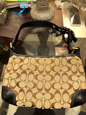 Coach Signature Small Shoulder Bag Zip Adjustable Strap Beige Brown Black