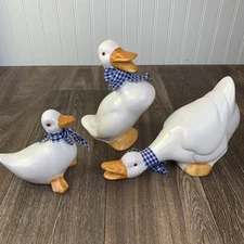 Set of 3 White Glazed Ceramic Goose Ducks Blue Gingham Ribbons & Red Bead Eyes