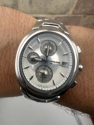 Herren Pulsar Chronograph Edelstahl Oval Uhr Wasserdicht 7T62-X039 R2