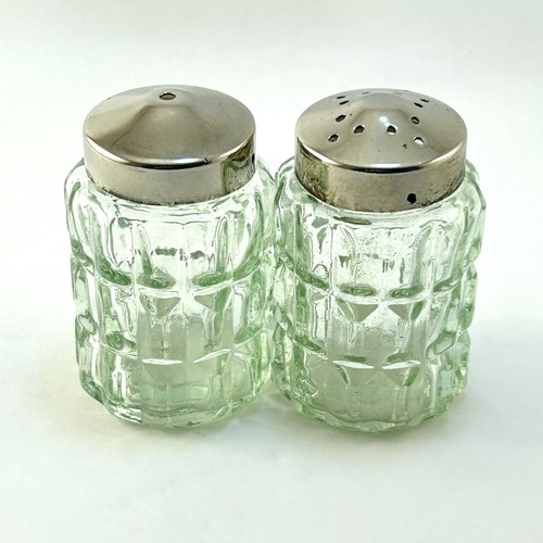 VTG Salt Pepper Shakers Green Depression Glass 3" Silver Plate Farmhouse - Picture 2 of 5
