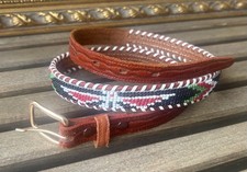 Southwestern Hand Beaded Brown Cow Hide Belt Thunderbird Geometric Sz 31
