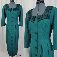 Vtg Atina by Karen Crosby Green Black Sheath Dress w Black Lace Accents Size 8