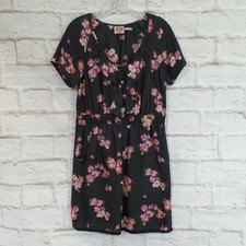 Juicy Couture Floral Black Pink Dress 100% Silk size M Elastic Waist Hand Pocket