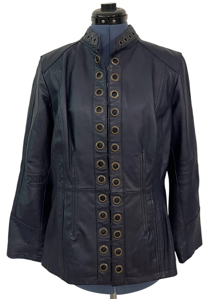 Vtg Hot in Hollywood Blue Leather Jacket Grommet Front Back Y2K Moto Grunge M - Image 2 of 4