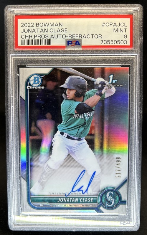 2022 Bowman Jonatan Clase Chrome Prospect Auto Refractor #/499 Mariners PSA 9
