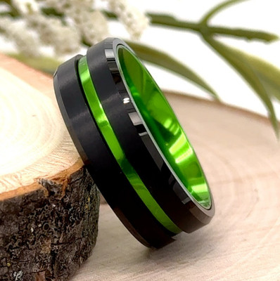 Christmas Gift 8mm Tungsten Ring   Black & Green Engraved Design for Him & Her