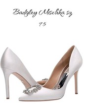 Badgley Mischka Cher Crystal Buckle Satin Pumps White Size 7.5