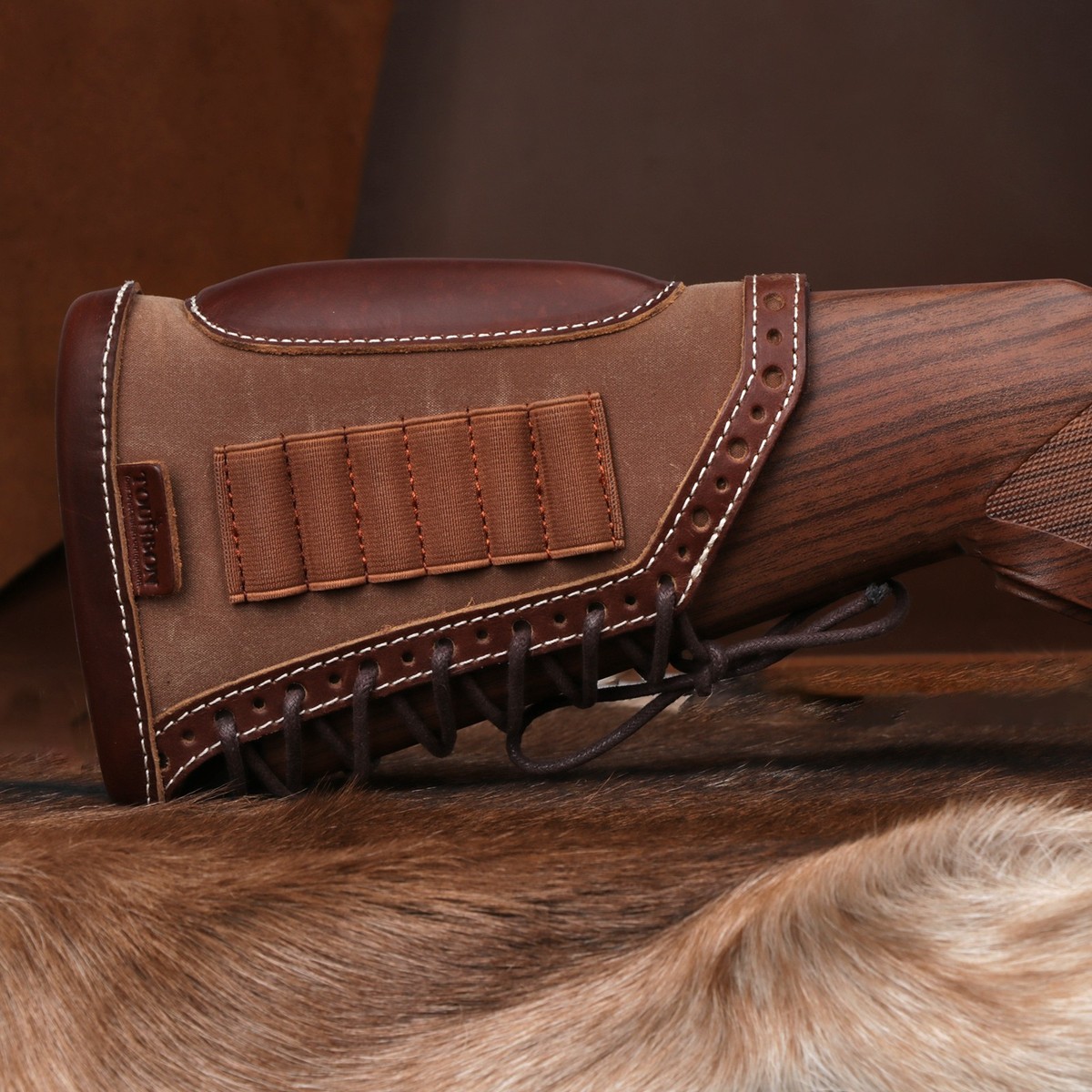 Genuine Leather Rifle Buttstock Cheek Rest & Ammo Pouch - Holds 6 Rounds (.308, .223, Etc.)