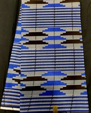 African Kente Ankara Wax Print, 100 Cotton, Sell by 6 Yards- Blue White Black