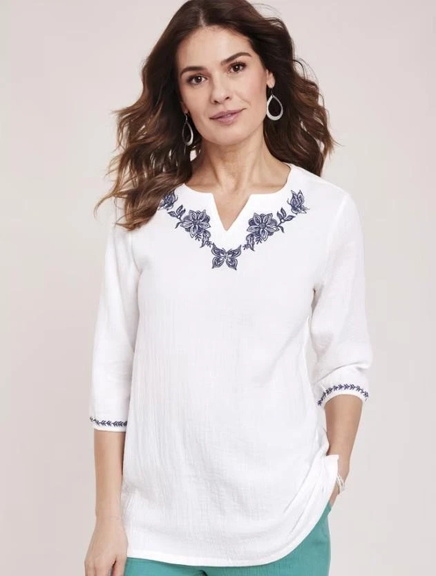 NEW White Flowers & Butterflies Plus Sz 3X Casual Wear Gauze Cotton Shirt BLAIR