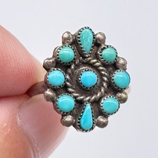Petite Vintage Zuni Native Turquoise Cluster Silver Ring Size 5