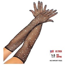 Mrotrida Women's Long Fishnet Gloves 80s Rhinestone Mesh Fingerless Black-1