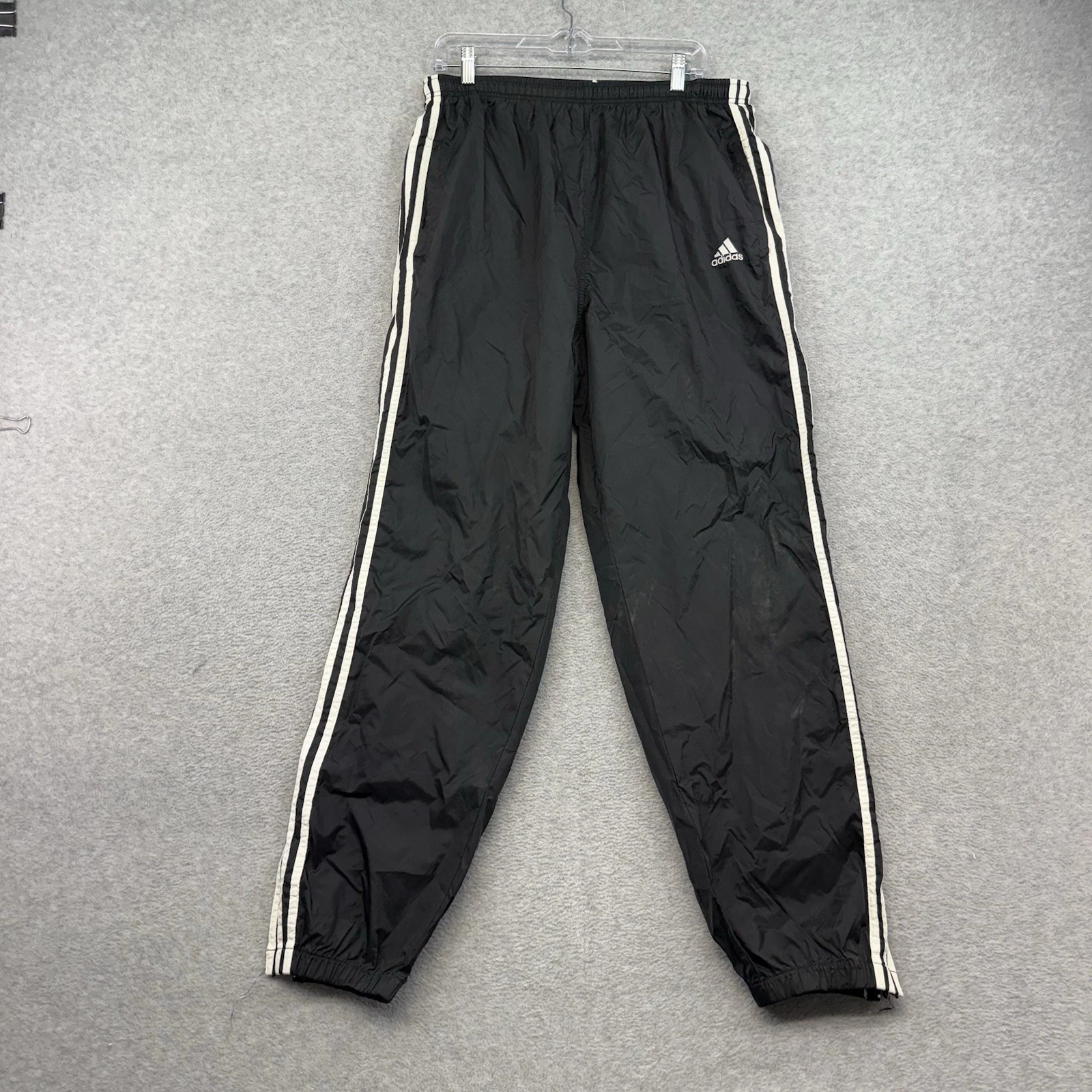 VTG 90s Adidas Mens Sz L Track Pants Black White 3 Stripe Hip Hop Y2K Baggy